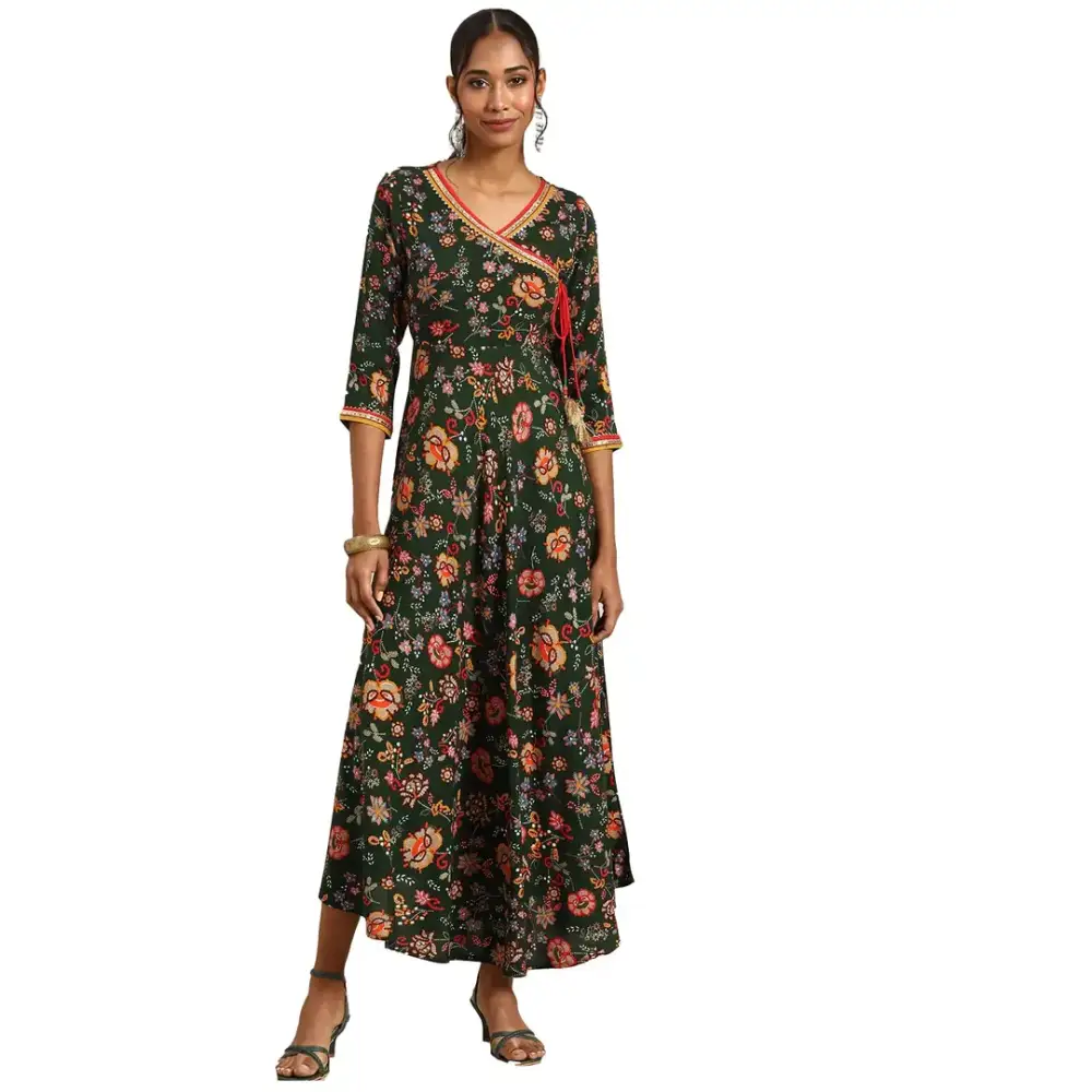 Fashion Frontiers Rapsodia Women's Green Red Gotta Patti Floral Printed Angrakha Maxi Dress