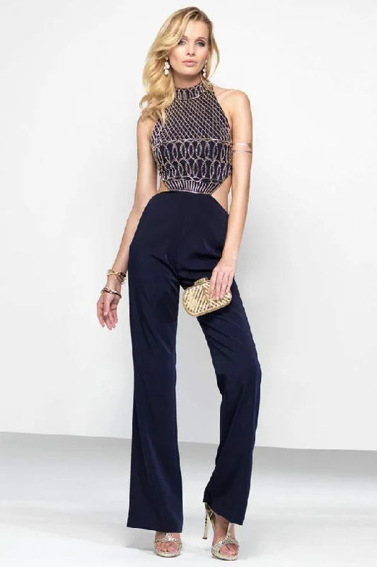 Elevate Your Wardrobe Alyce Paris - Lattice Beaded Embellished High Halter Jumpsuit 2577 - 1 pc Ivory In Size 2 Available