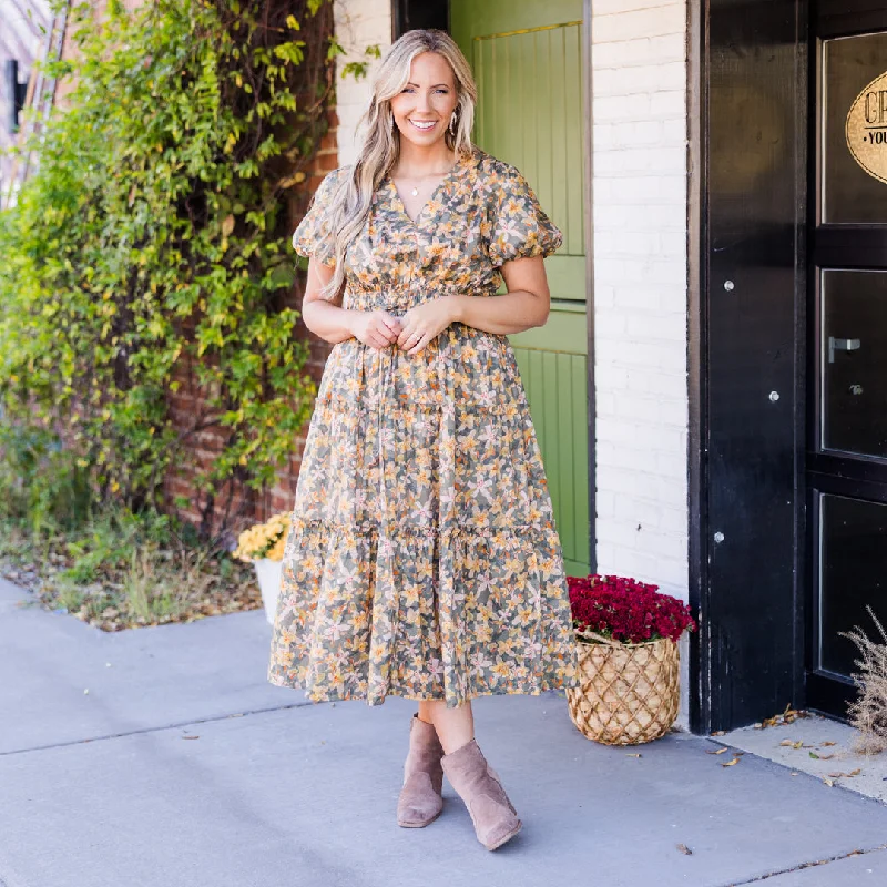 Limited Stock, Big Discounts Muted Garden Midi Dress, Yellow