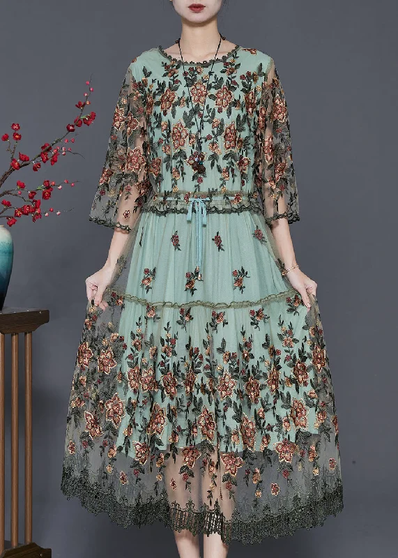 Modern Women's Styles At Wallet-Friendly Prices Natural Green Embroidered Tulle Robe Dresses Summer
