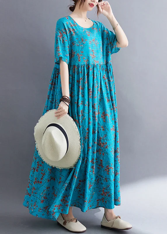 This Weekend Only – Huge Savings Loose Blue O Neck Print Wrinkled Cotton Dresses Summer