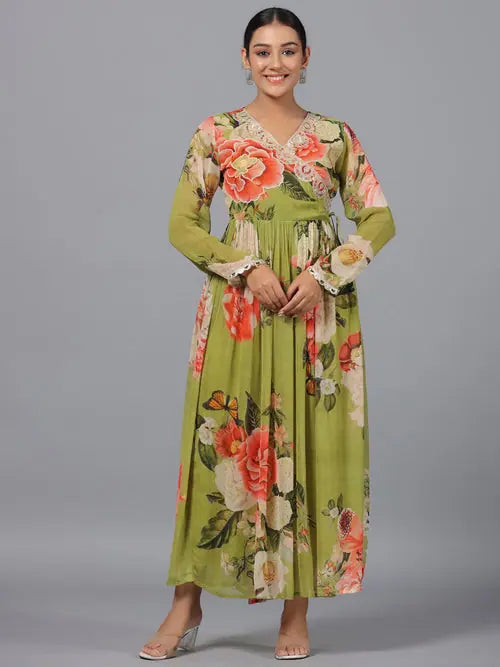 Timeless Classics Juniper Women Green Georgette Printed Maxi Dress