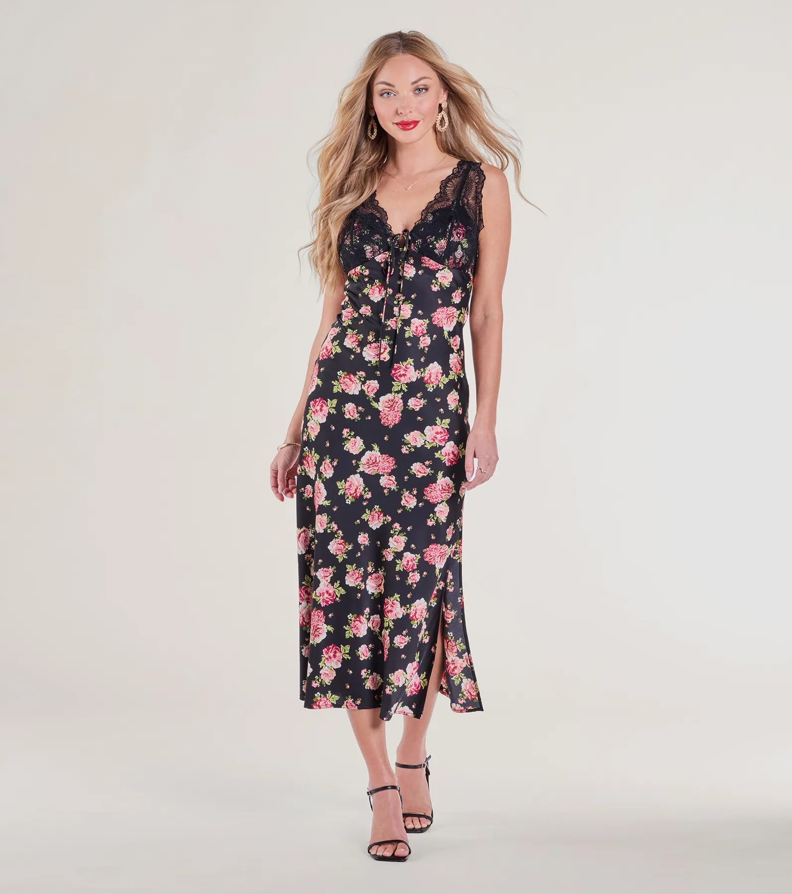 Effortless Style, Endless Impact Sunset Dinner Lace V-Neck Floral Satin Midi Dress