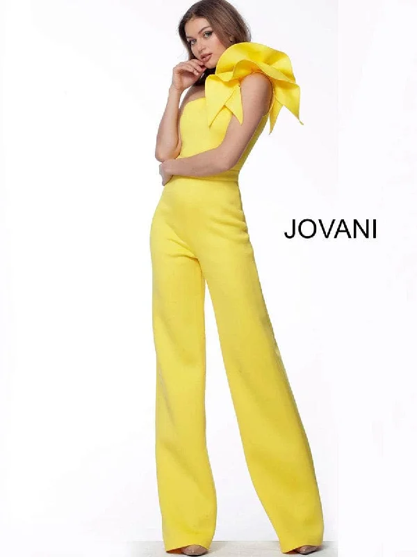 Minimalist Style Jovani 68599ASC - Ruffled One Shoulder Jumpsuit