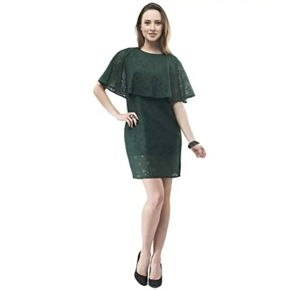 Limited Time Offer VM Green Cotton Floral Lace Cape Midi Dress for Women (vm131)