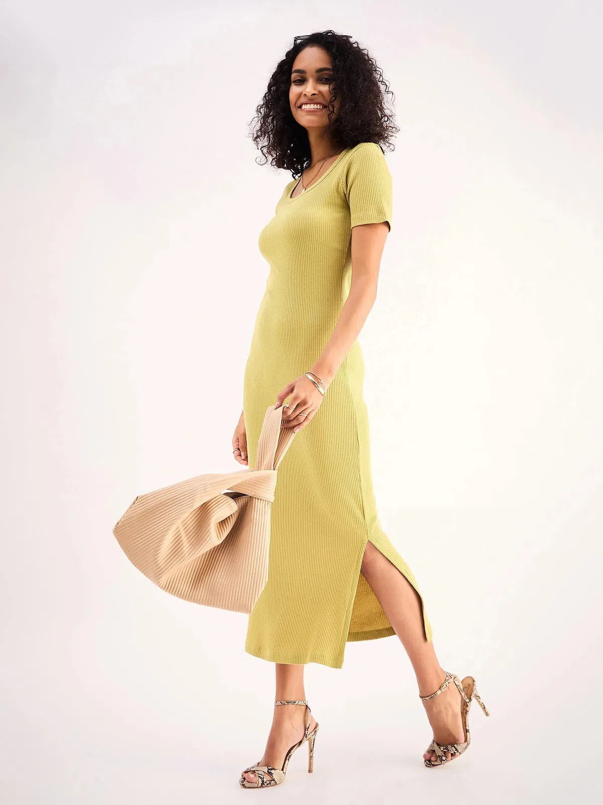 Premium Quality Garments Women Khaki Rib Square Neck Midi Dress