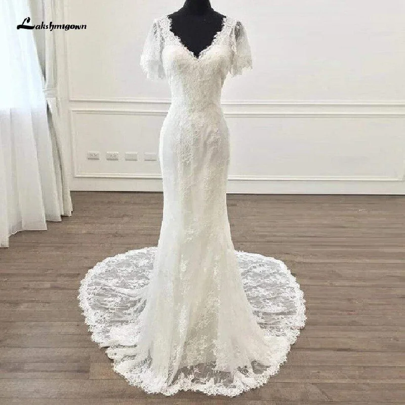 Women Wear Boutique Roycebridal Vintage Short Sleeves Lace Wedding Dress Mermaid Style