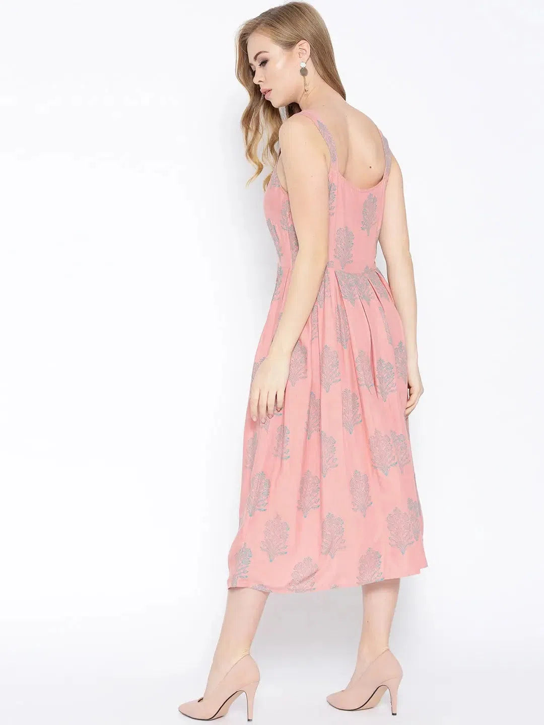 Trend Driven Wardrobe Strappy Box pleate Midi dress with front buttons in Dusty Pink