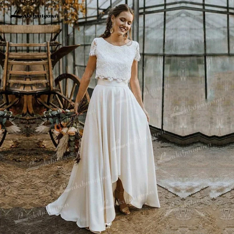 Elegant Simplicity Wardrobe Roycebridal Two Pieces Wedding Dresses Lace Top Short Sleeve O-Neck Chiffon Floor-Length Sweep Train Beach Bridal Gowns Back Design Button