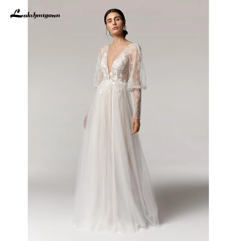 Relaxed Style Roycebridal Vintage Deep V Champagne Wedding Dress A Line long sleeves