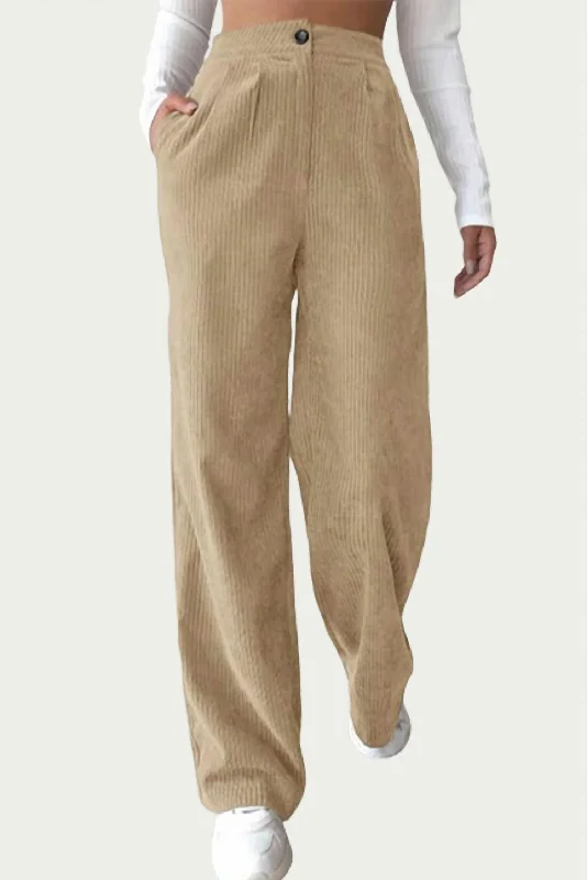 Premium Fabrics High-Waist Pleated Corduroy Pants In Beige