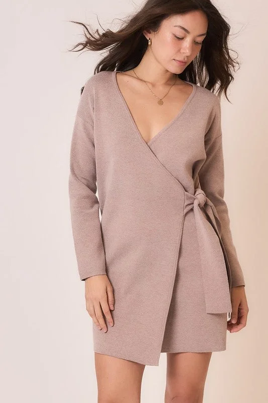 Timeless Elegance Michelle Long Sleeve Wrap Knit Sweater Mini Dress Taupe