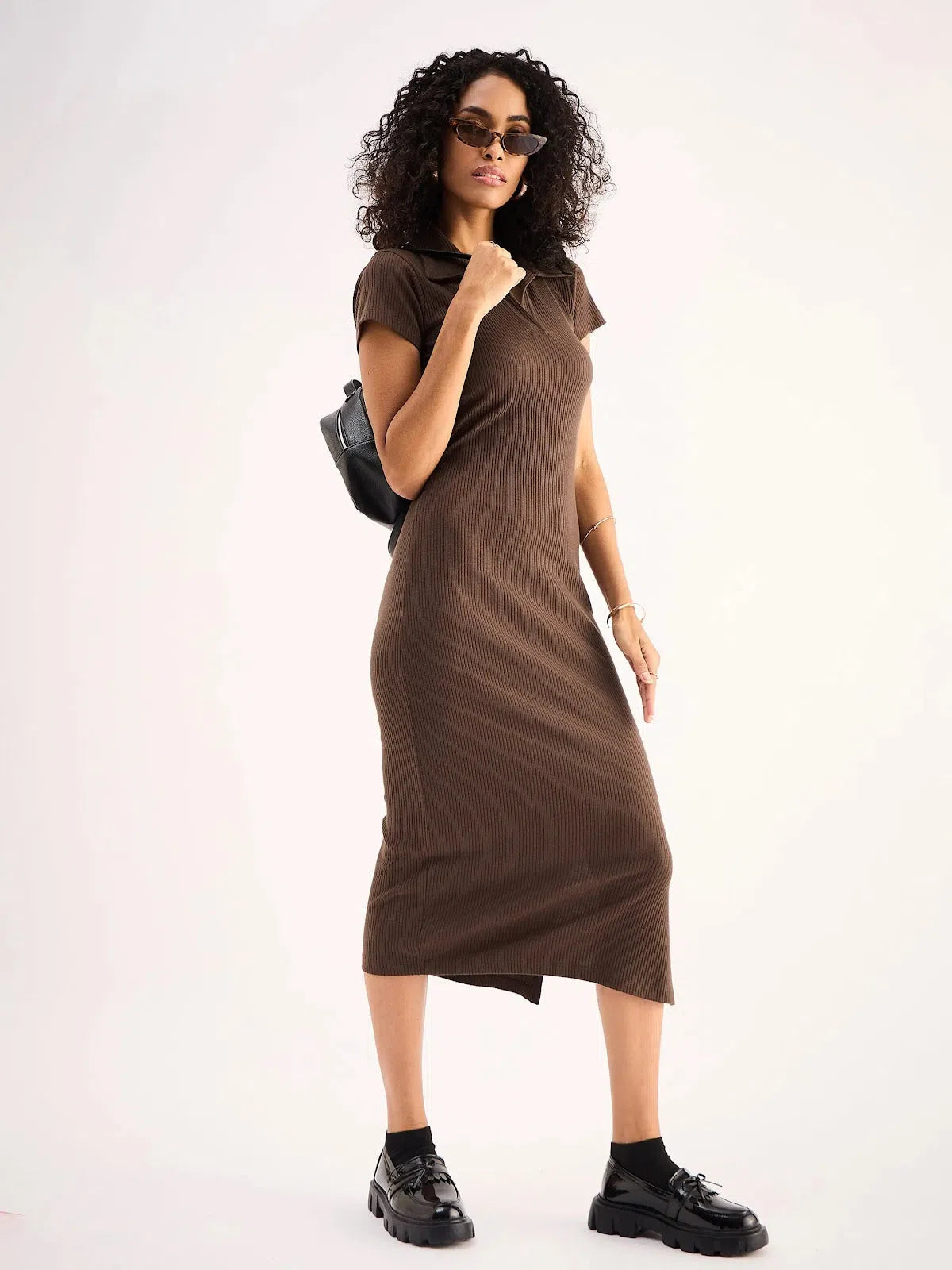 Comfort Centric Apparel Women Brown Rib Collar Midi Dress