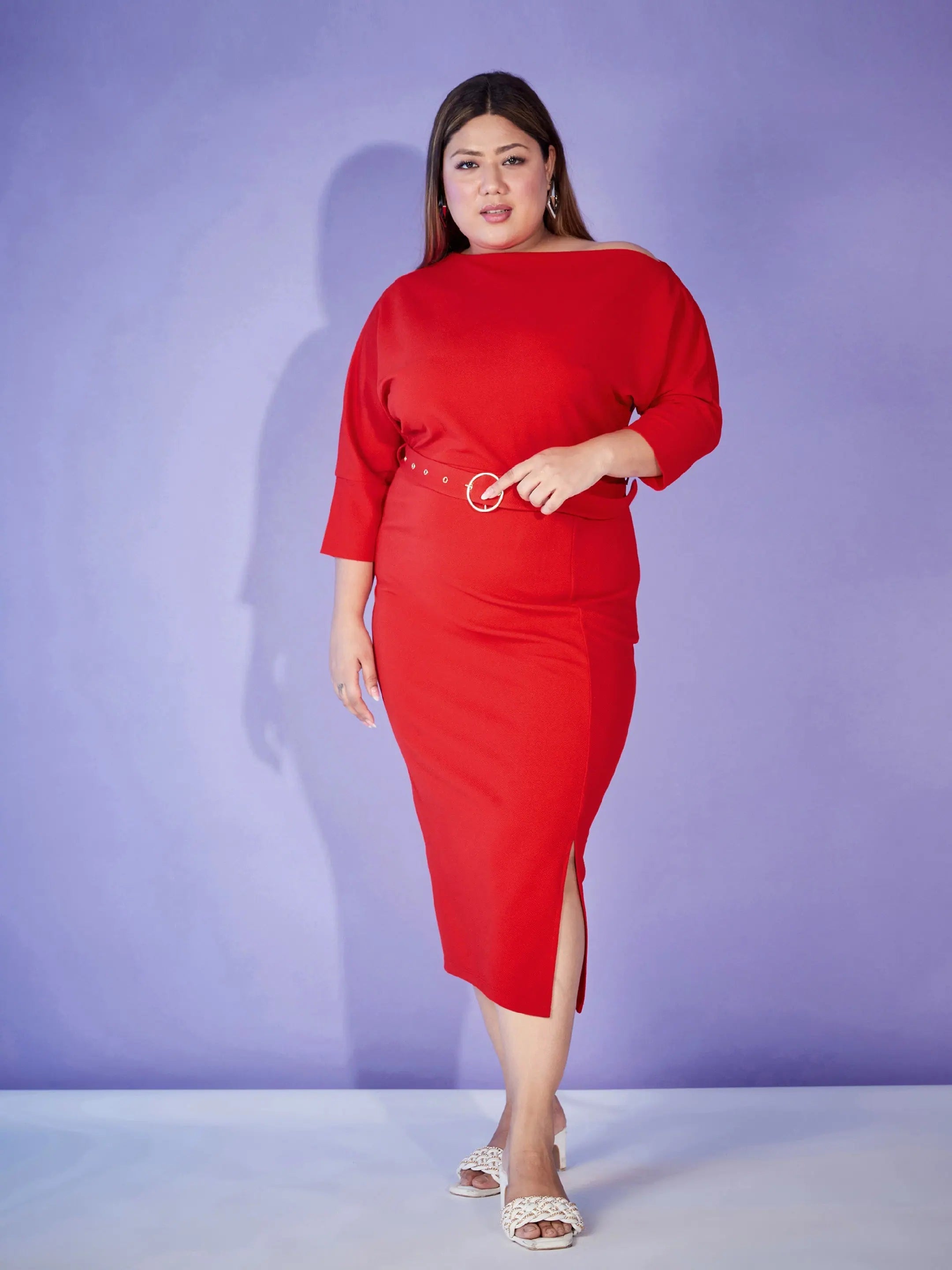 Seasonal Sale Women Red Ring-Belt Drop Shoulder Midi Dress