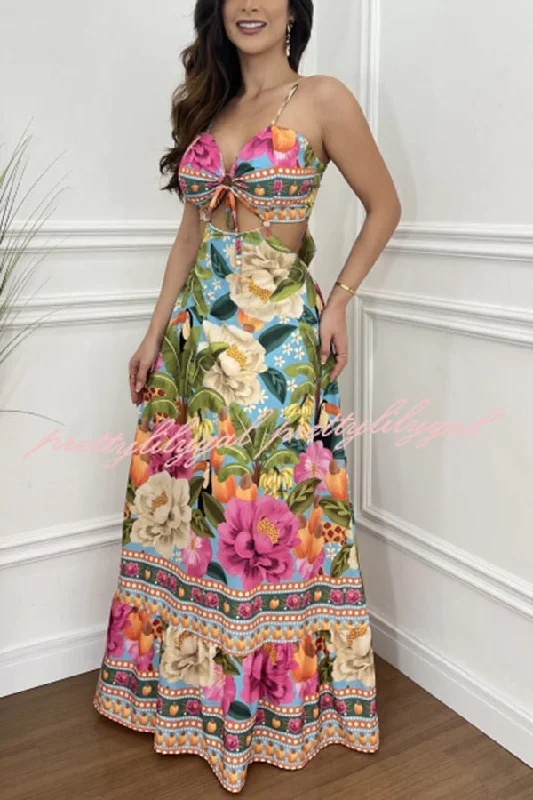 Glamorous Evening Wear Mexico Style Tropical Print Ring Cutout Lace-up Vacation Maxi Dress