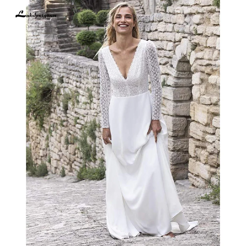 Style Streetwear Roycebridal V Neck Lace Long Sleeve Backless Wedding Dresses