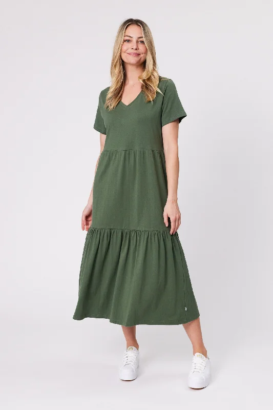 Huge Price Cut Shine On Essentials Tiered Midi Dress Khaki