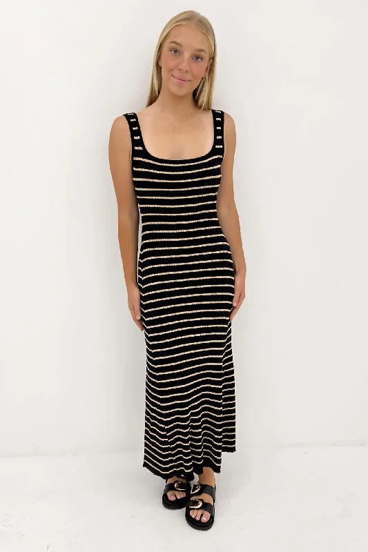 Comfortable Clothes Alora Knit Maxi Dress Black Tan Stripe