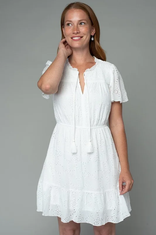 Fashion Essentials Megan Short Sleeve Eyelet Mini Dress White