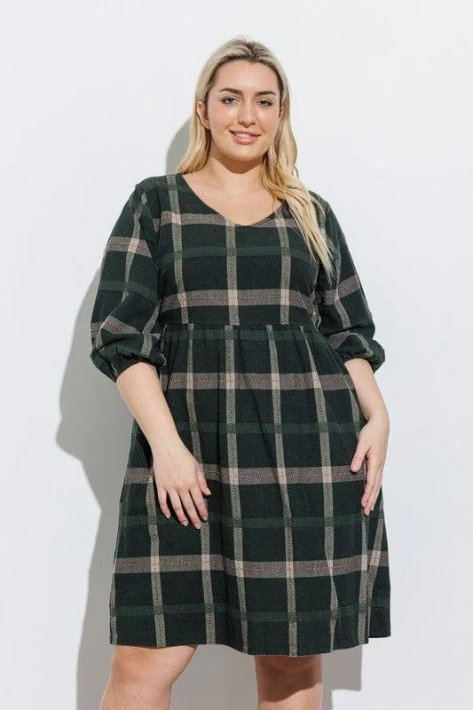 Chic Casual Style Women's Plaid midi dress with side pockets in hunter, navy and gray