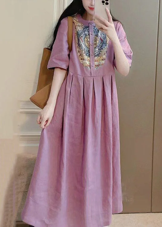 End-Of-Week Exclusive Deals Beautiful Purple Button Print Pockets Cotton Dresses Summer