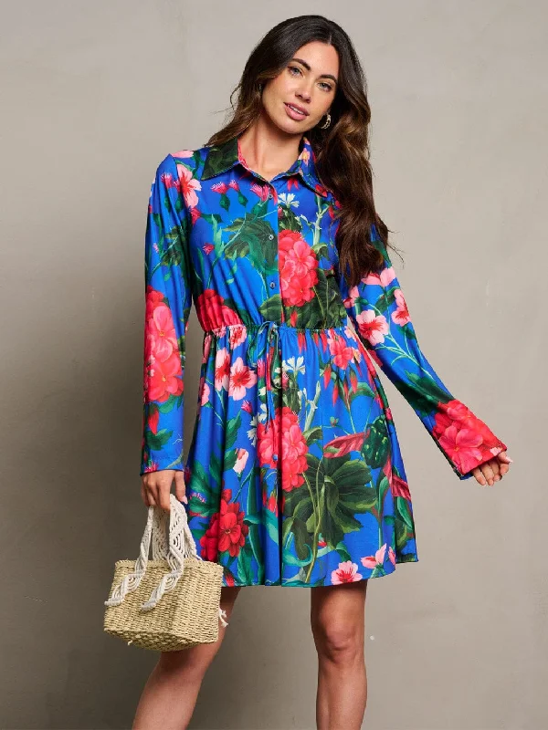 Style Streetwear WOMEN'S LONG SLEEVE BUTTON CLOSURE ELASTIC WAIST FLORAL MINI DRESS