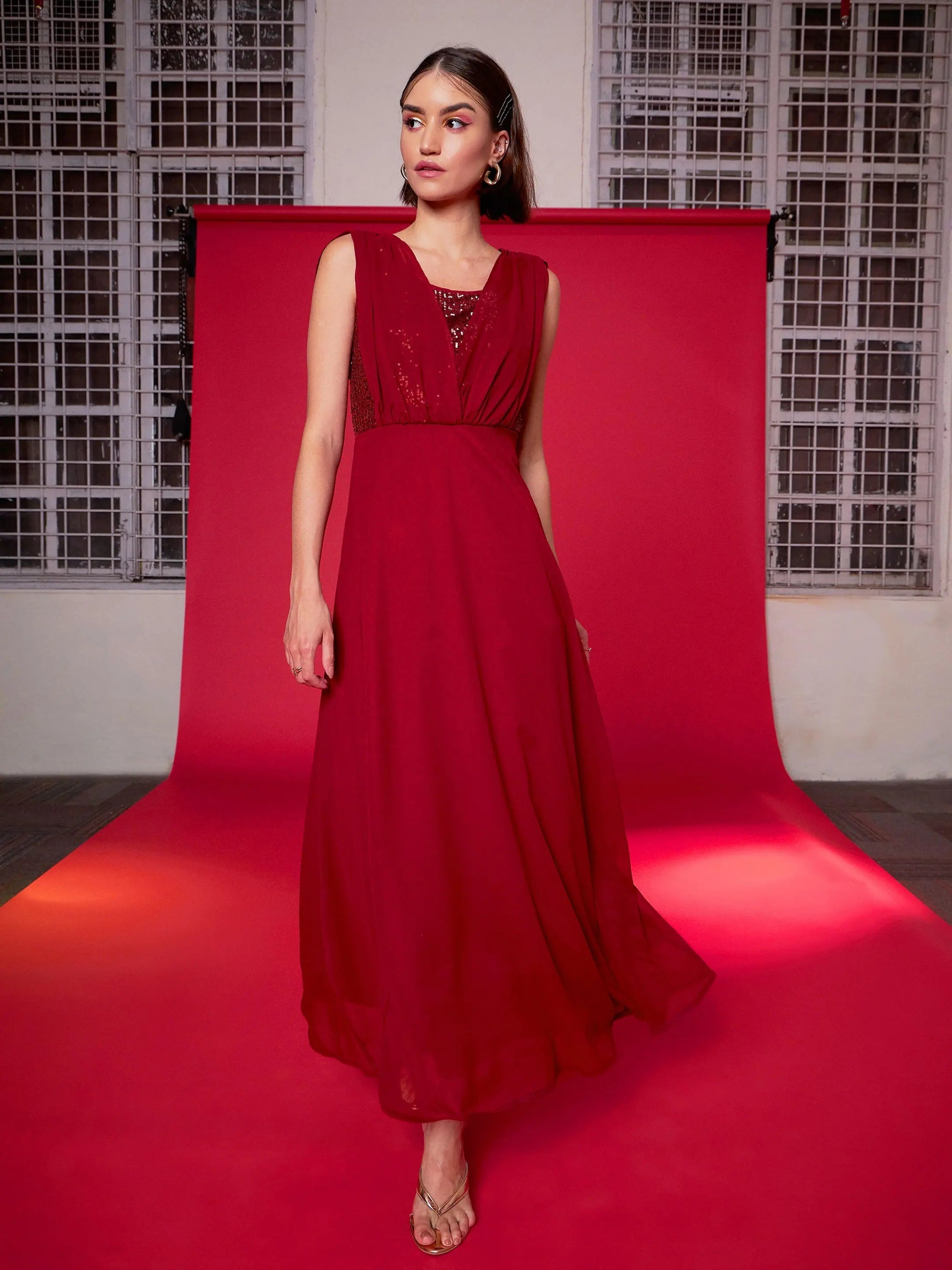 Special Occasion Wear Women Maroon Sequin Flared Maxi Dress