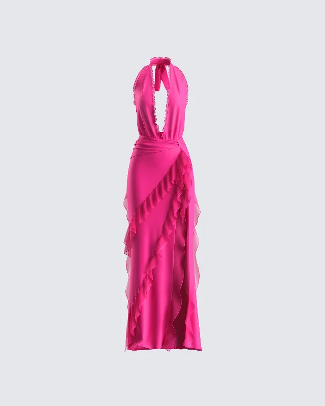 Weekend Sale Nandi Hot Pink Ruffle Maxi Dress