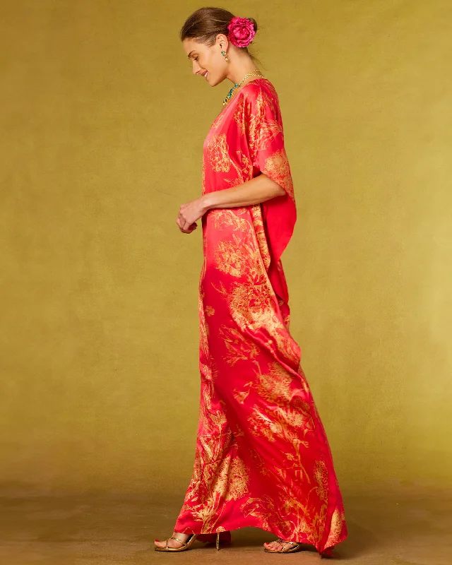 Clothes Of Woman Chantal Red Silk Kaftan in Gold Floral Toile