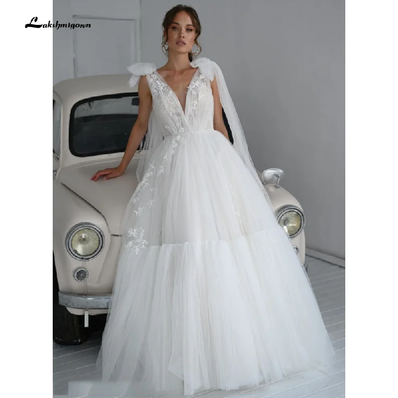 Stylish Looks Roycebridal vestido de novia  Lace Tulle Backless V Neck Bow Wedding Dresses Elegant V Shape Back robe de soirée de mariage Lakshmigown