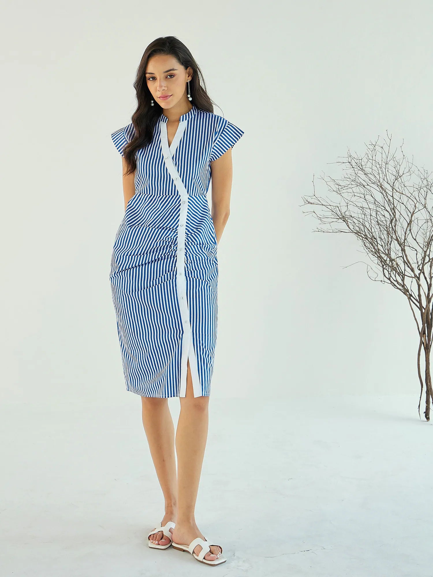 New Season Fashion Preview Women Blue & White Stripe Contrast Stripe  Midi Dress-SFDRSS12397