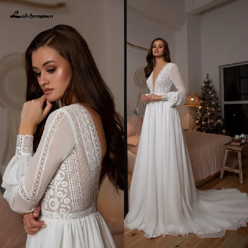 Colorful Clothing Roycebridal Vestidos Boho Bridal Long Sleeve Wedding Dresses A Line  Robe Longue Simple Beach Chiffon Long Wedding Gowns Deep V-neck