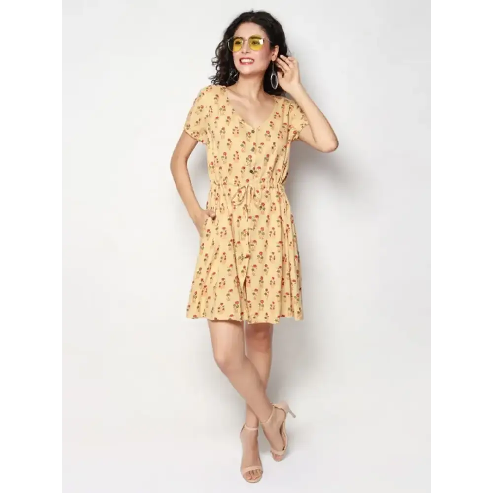 Trend Forward Threads For Her Elegant Yellow Rayon Floral Print Short Dress For Women