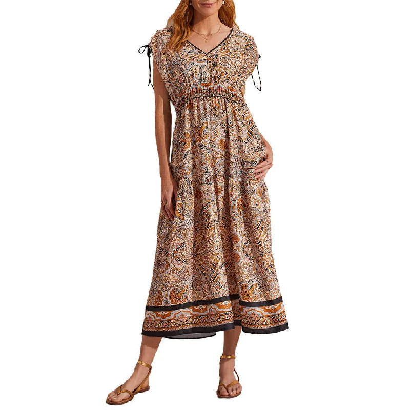 High End Women's Wear Tribal Border Print Maxi Dress With Shoulder Tie - Caramel