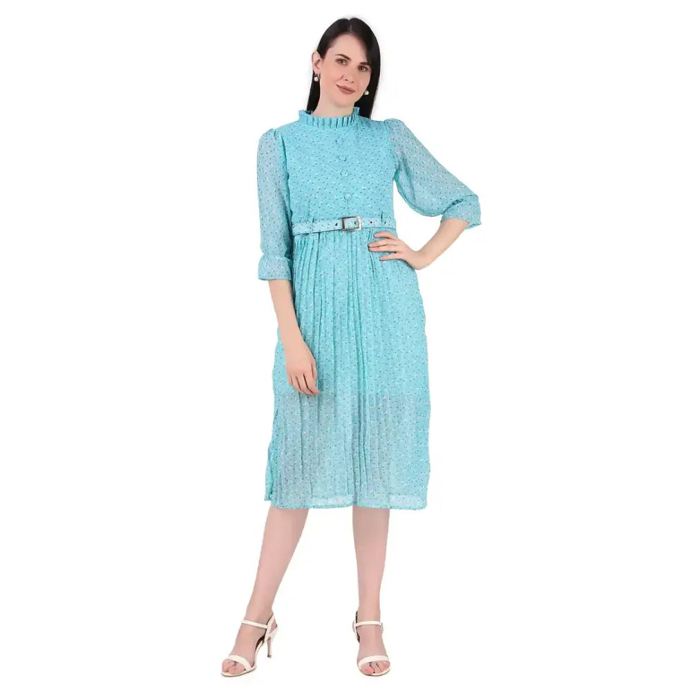 Step Ahead, Lead The Trend Baberwals Women's Floral Tunic Pleated Midi Dress (Sky Blue)