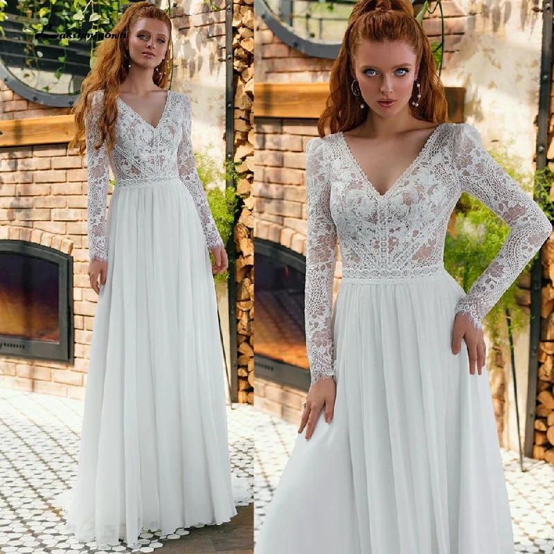 Innovate Your Wardrobe Roycebridal V Neck Lace Long Sleeve Backless Chiffon Wedding Dresses