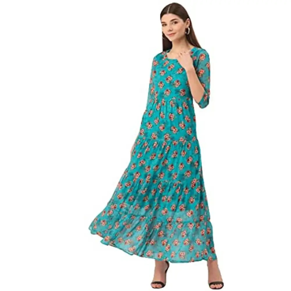 Luxe Women's Fashion Deewa Women's Polyester Floral Print Maxi Dress(Sky Blue)