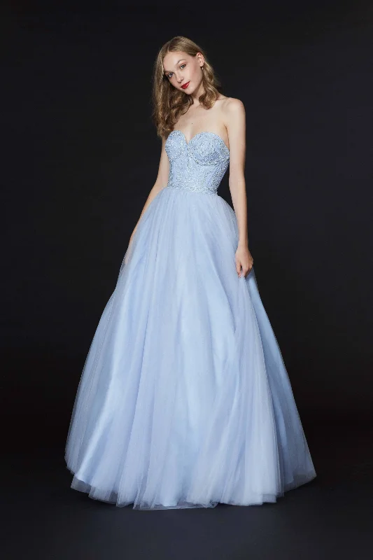 Day To Night Styles Angela & Alison - 91083 Strapless Beaded Sweetheart Tulle A-line Gown - 1 pc Light Blue In Size 8 Available