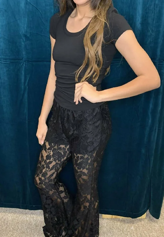 Trendy Street Style Attire Lace Bell Bottom Pants In Black