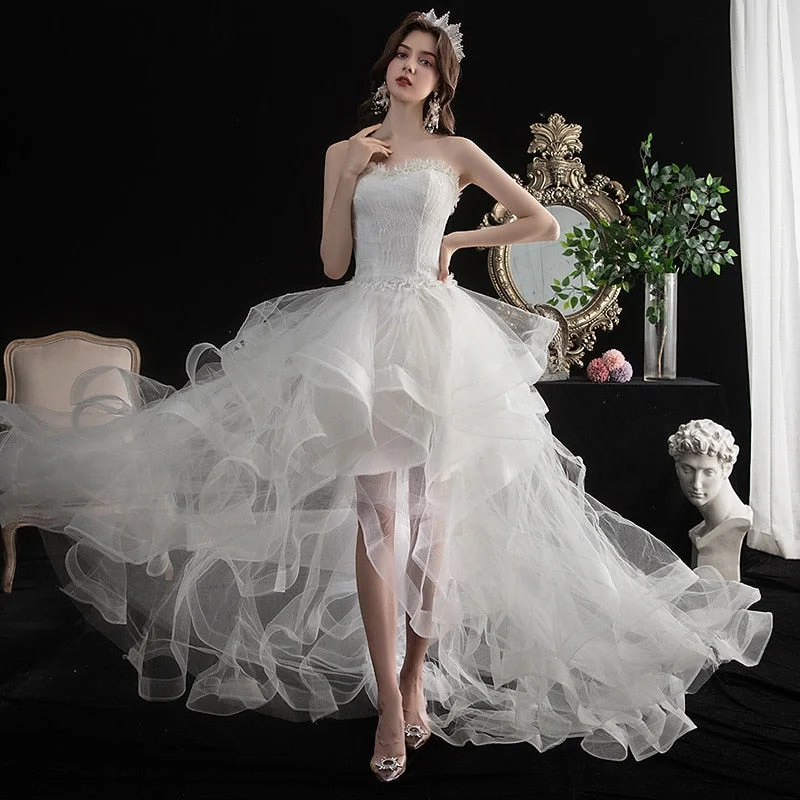 Unbeatable Prices Roycebridal Vestido De Noiva New Front Short Long Back Strapless Wedding Dress Sweet Bride Dress With Train Custom Made Wedding Gown L