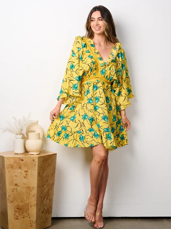 Stylish Statements WOMEN'S 3/4 SLEEVE V-NECK RUFFLE FLORAL MINI DRESS