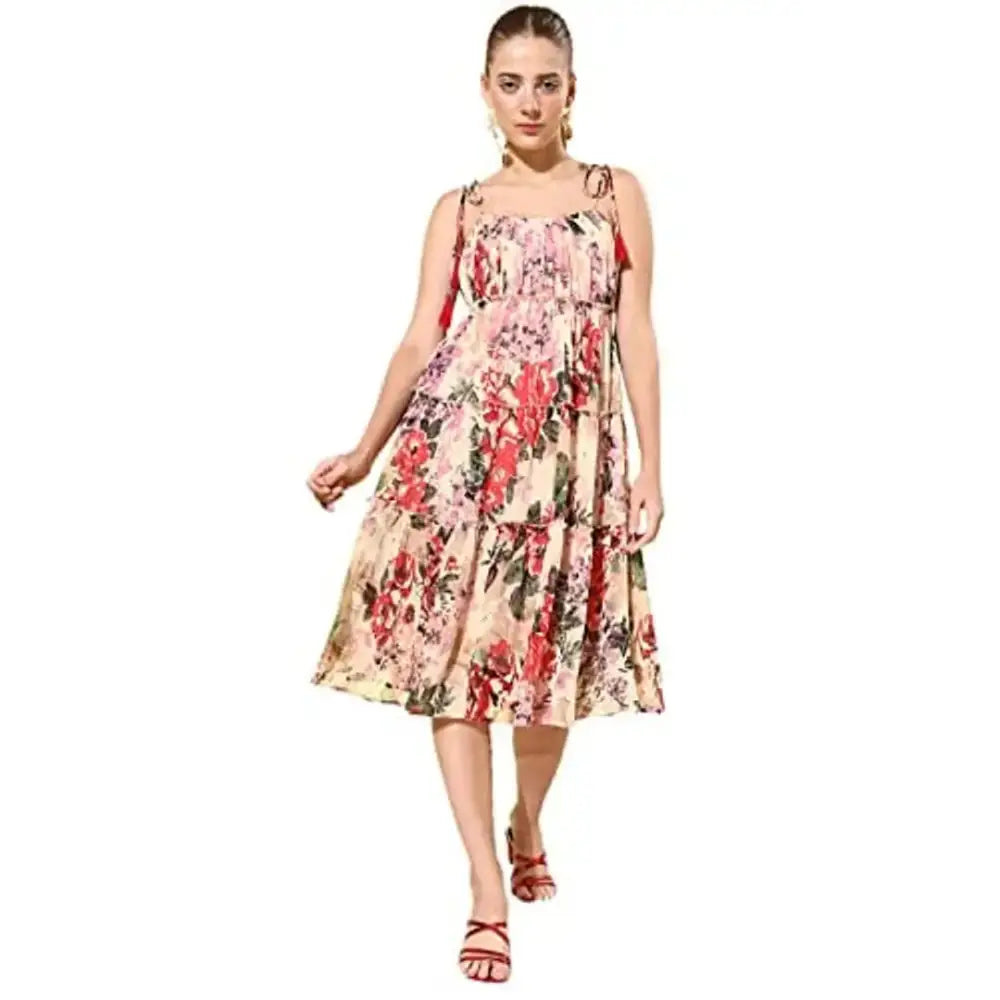 Weekend Exclusive StyleStone Women's Floral Tier Midi Dress with String Tie Ups- Multi