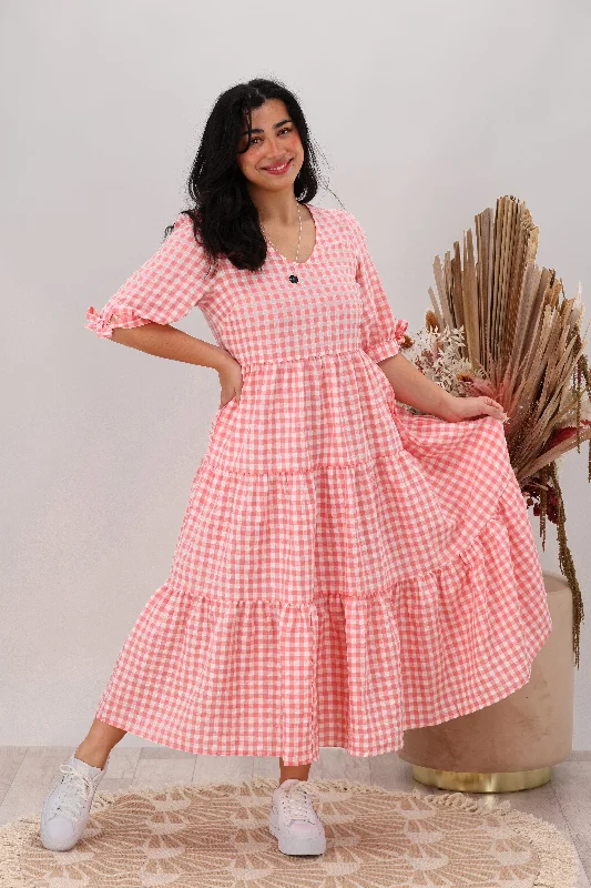 Chic Trends For The Fashion Savvy Silver Wishes Gingham Tier Midi Dress Pink