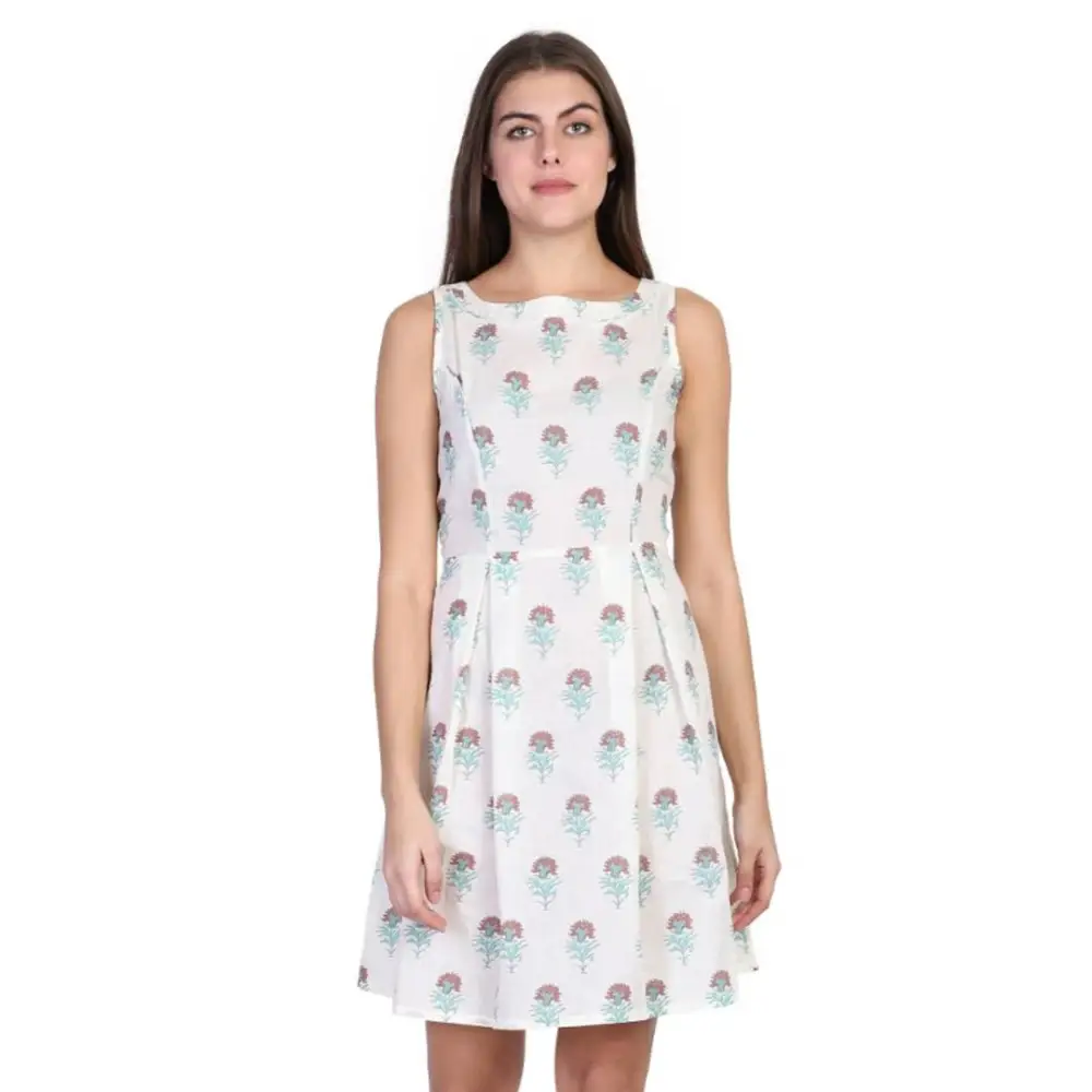 Limited Time Offer Elegant White Pure Cotton Floral Print Dress For Women