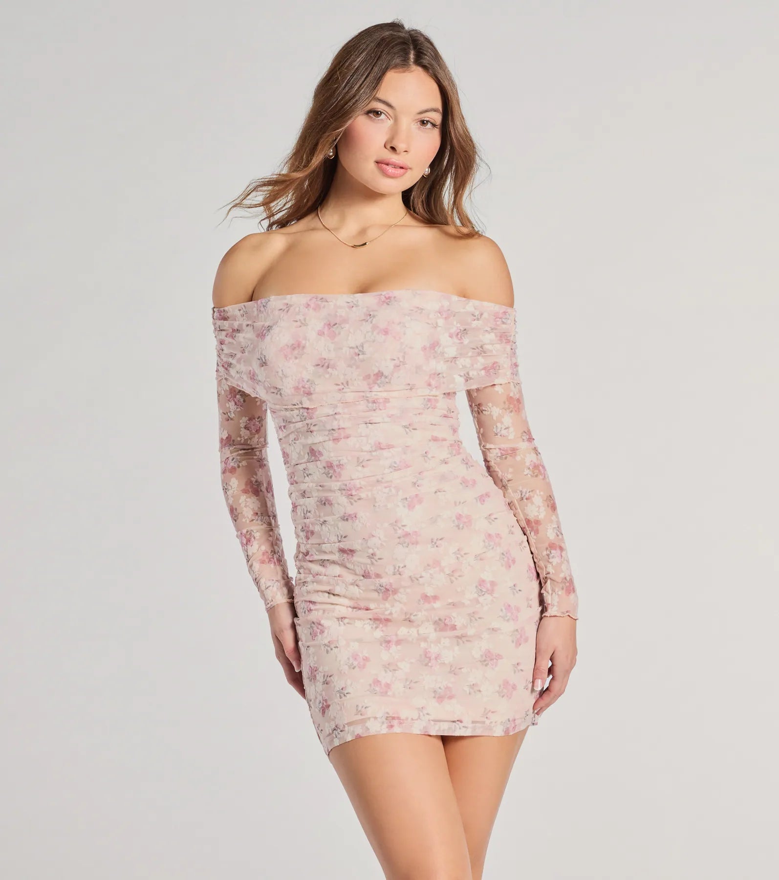 Effortless Chic Apparel In The Garden Off-The-Shoulder Floral Mesh Mini Dress