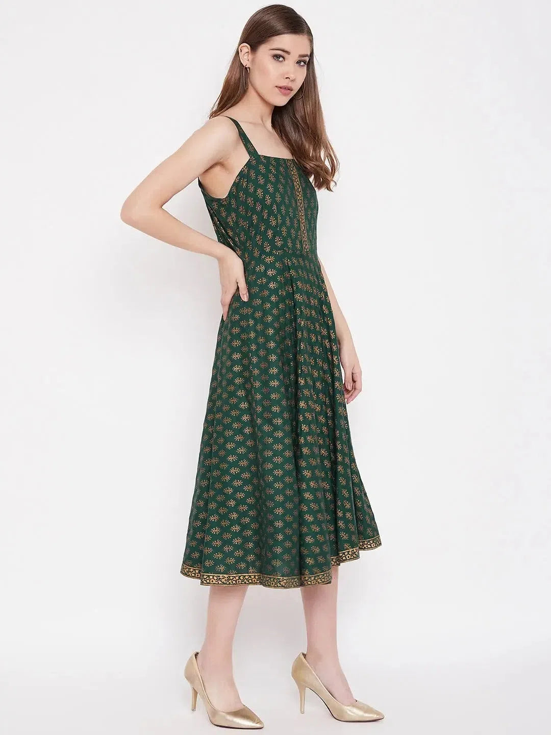 Your Timeless Wardrobe Awaits Shoulder strap flared midi dress in Bottle Green