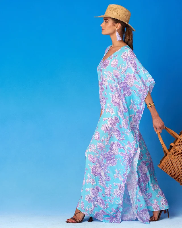 Clothes For Women Camille Kaftan in Turquoise and Purple Floral Toile