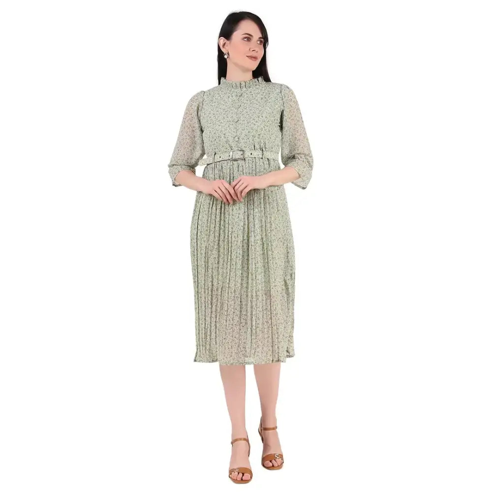 Trendy And Individual Women's Fashion Baberwals Women's Floral Tunic Pleated Midi Dress (Light Green)