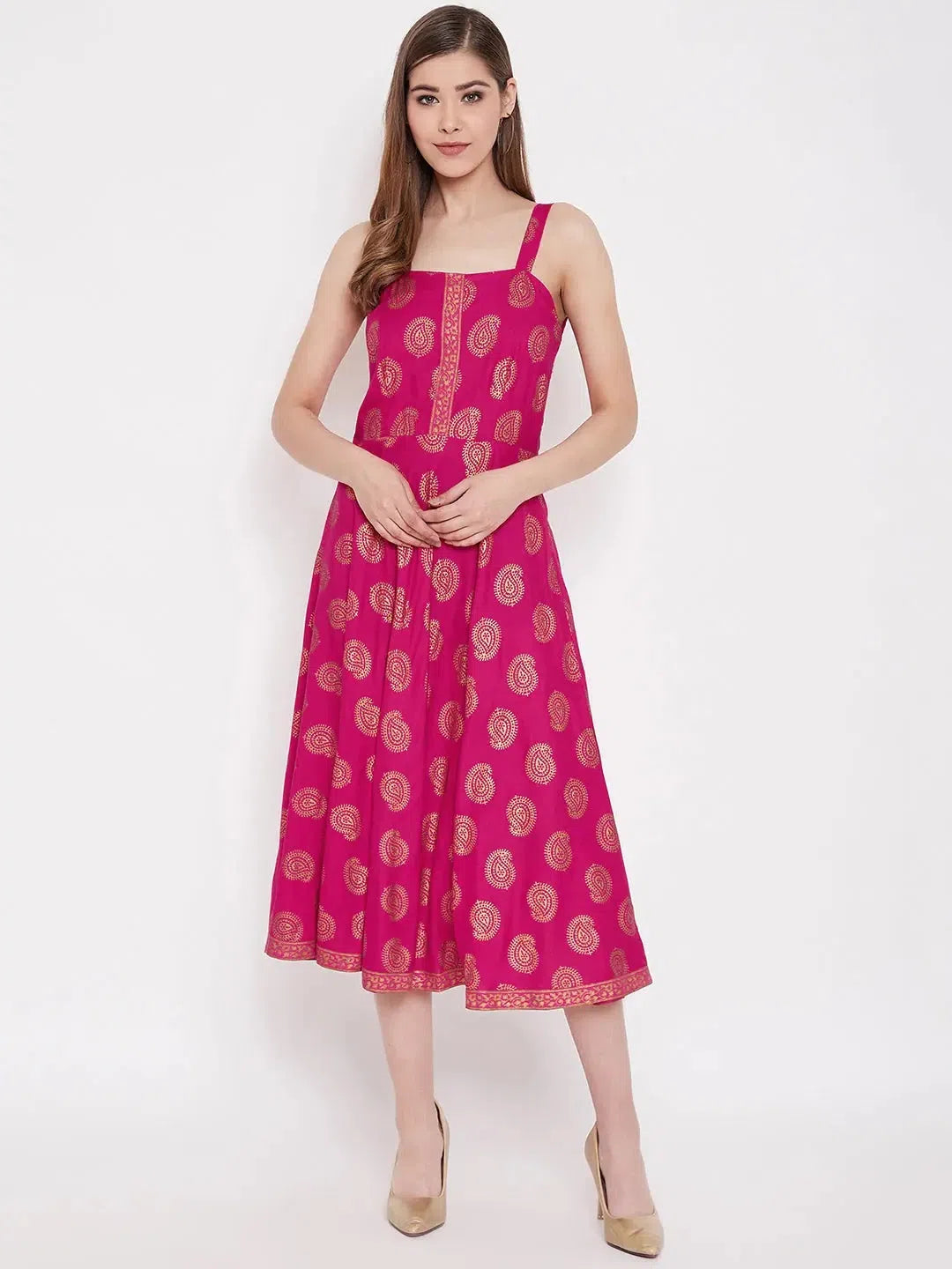 Trendy Urban Attire Shoulder strap flared midi dress in Pink