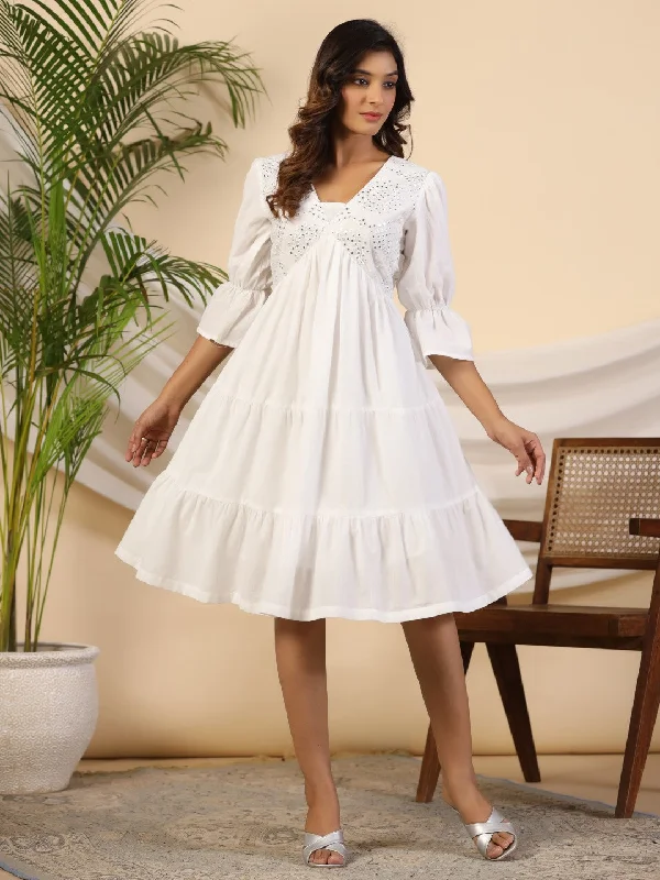 Sale Event, Prices Rock Juniper White Pure Cotton Alia Cut Mirror Work Tiered Midi Dress With Lining